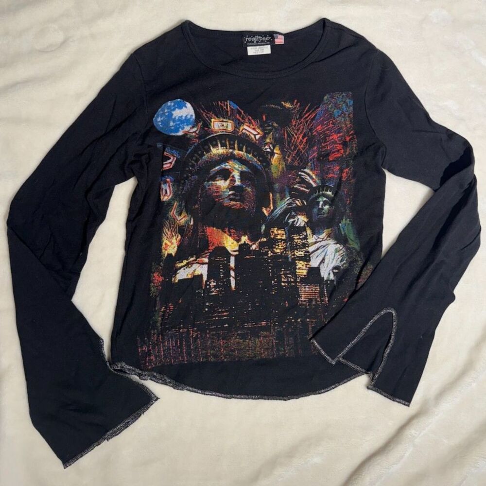Y2K Statue of Liberty NYC Graphic Flare Sleeve Top Black M